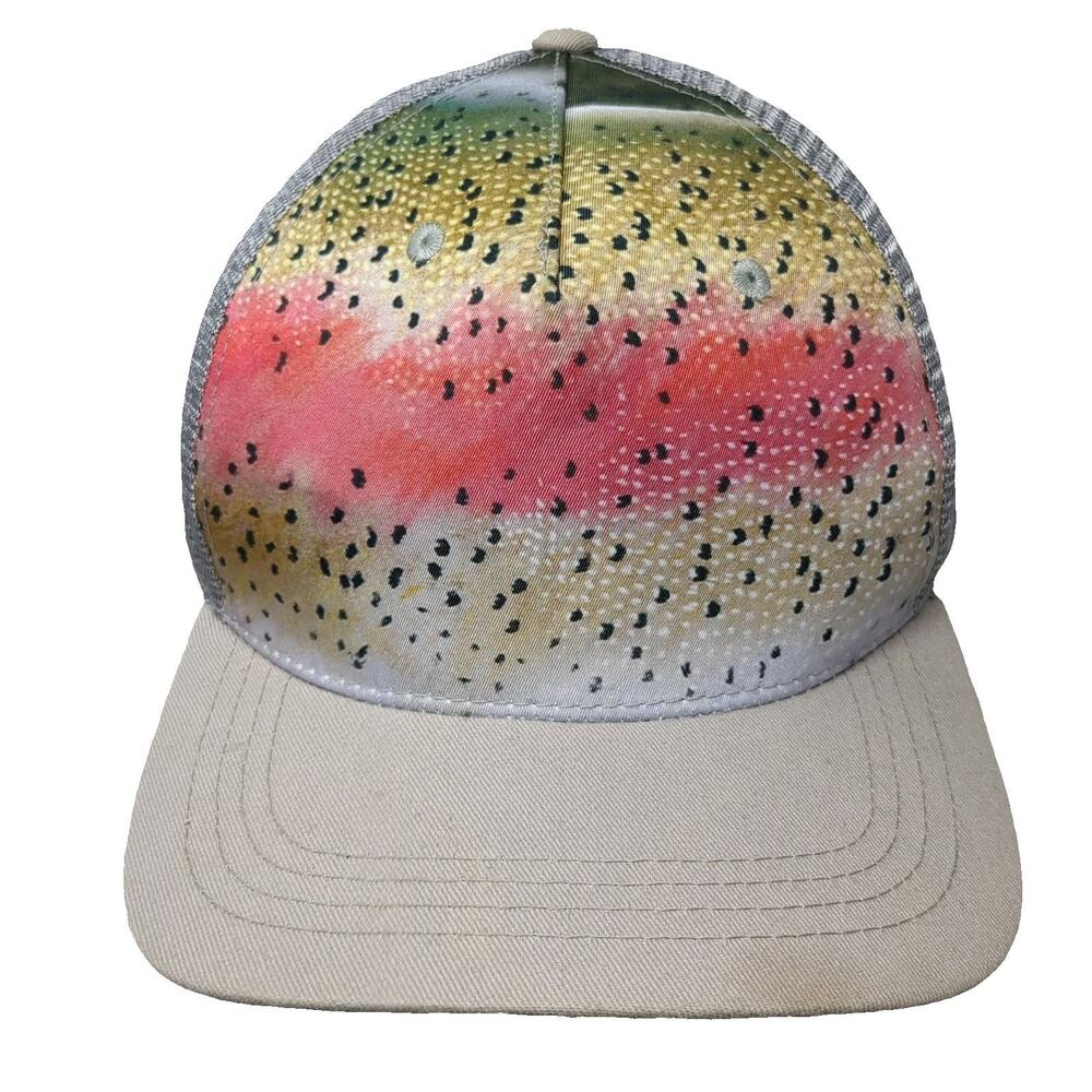 RepYourWater Trucker Hat Gray Beige One Size Rainbow Trout Fish Mesh Back